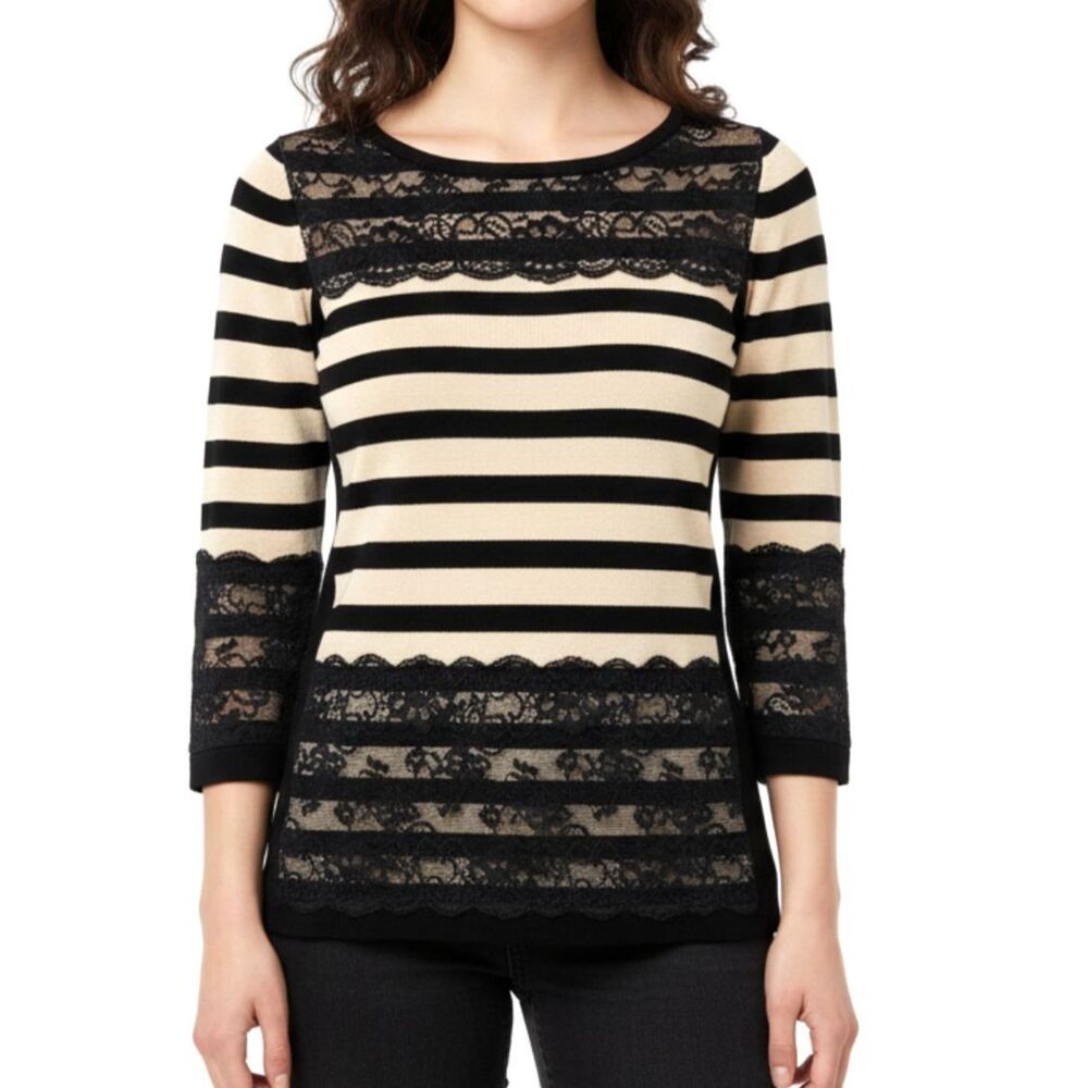 Dark Romance Parisian Whimsigoth Black & Beige Striped 3/4‎ Sleeve Lace Sweater